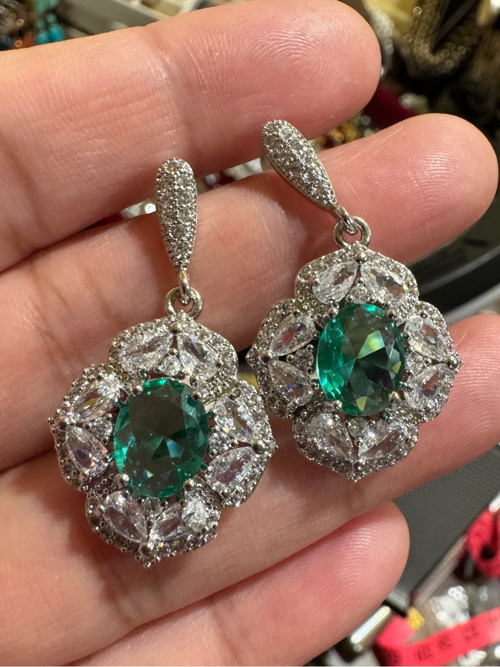Emerald Green Halo Drop Earrings - Silver Tone